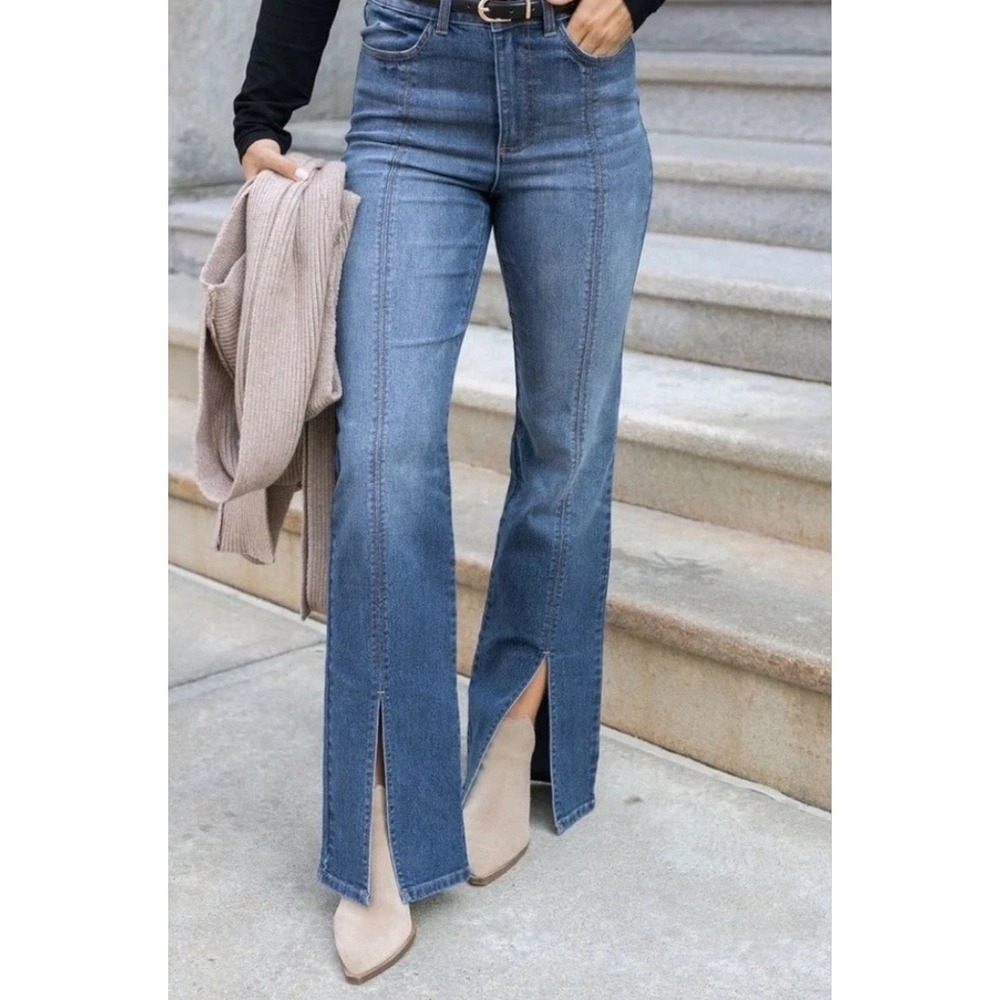 Grace & Lace Wide Leg Jeans Women 16 Blue Excellent Front Seam Slit Hem Casual